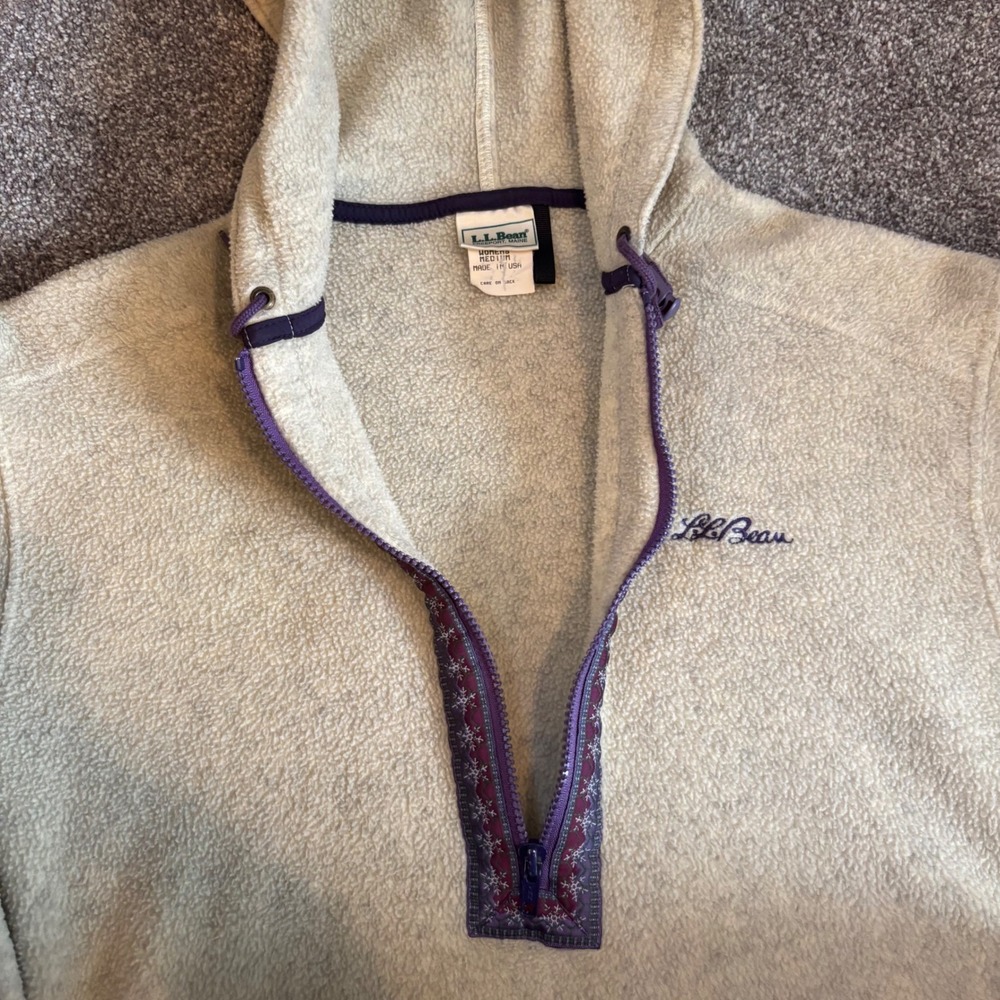 LL Bean Vintage Fleece Hoodie Quarter Zip Oatmeal Cream Womens Medium P247 USA - Picture 3 of 6